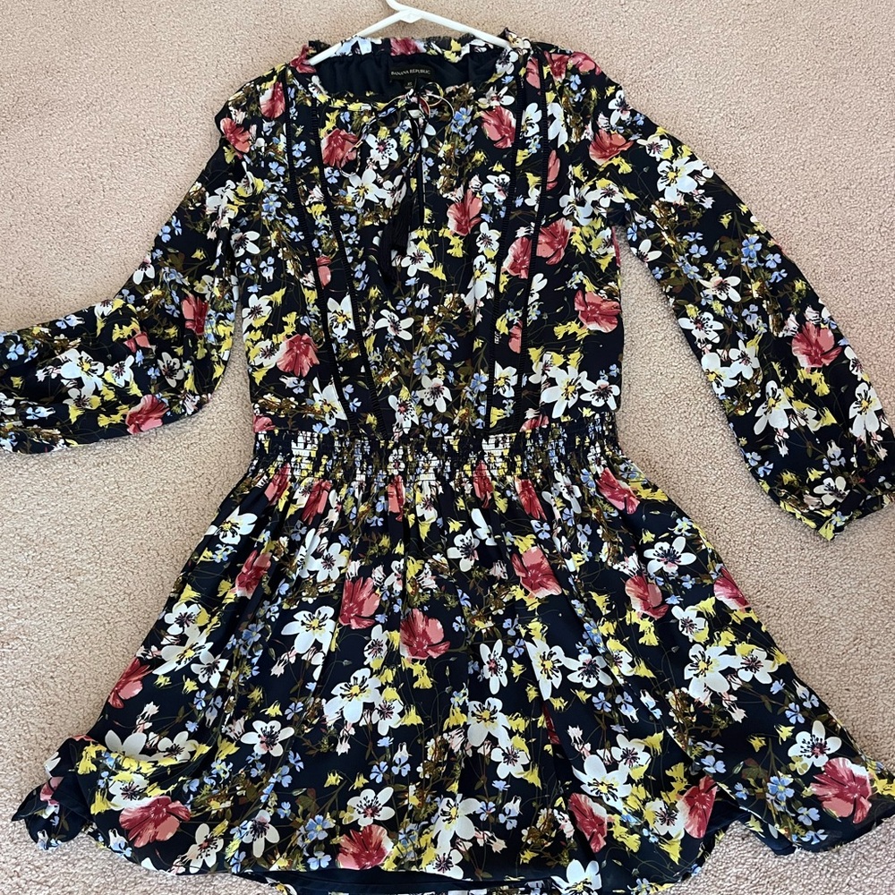 Banana Republic Black Floral Mini Dress with Red, White, Yellow and Blue Flowers